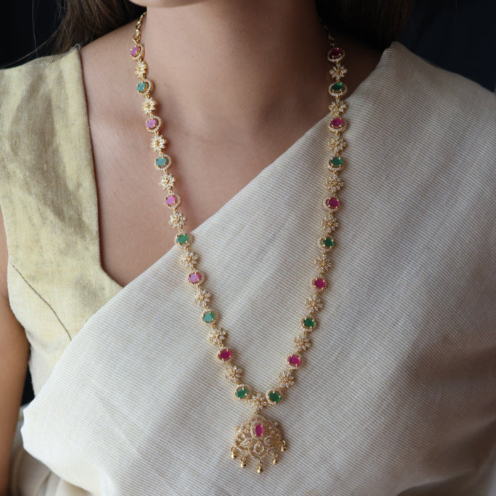 Heritage gold plated multi stone design long necklace with earrings HL24445