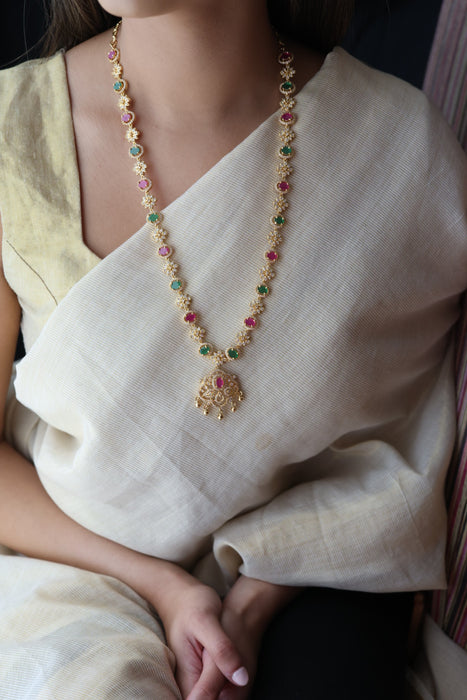 Heritage gold plated multi stone design long necklace with earrings HL24445