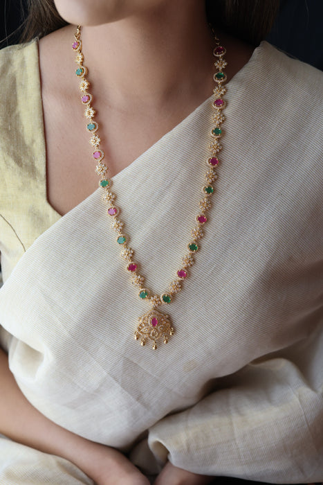 Heritage gold plated multi stone design long necklace with earrings HL24445