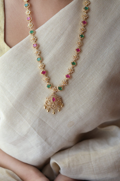 Heritage gold plated multi stone design long necklace with earrings HL24445