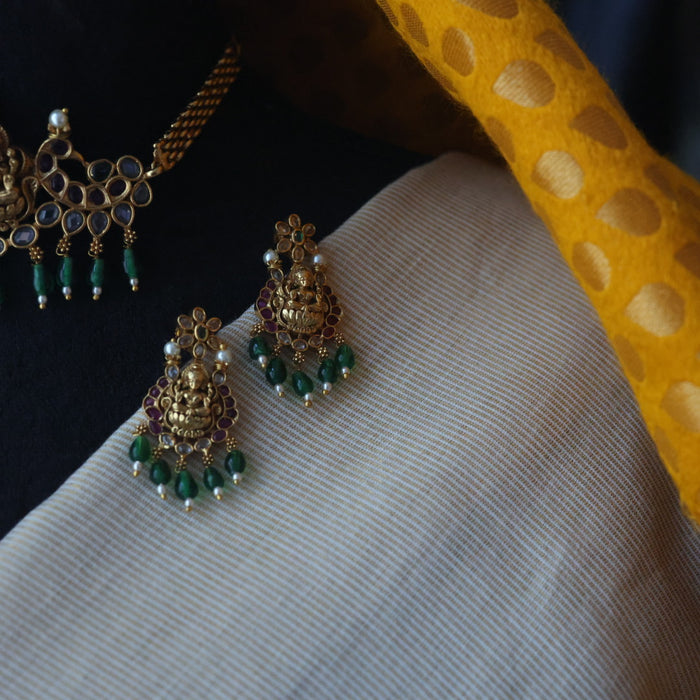 Antique green bead choker necklace with earrings CCB1890