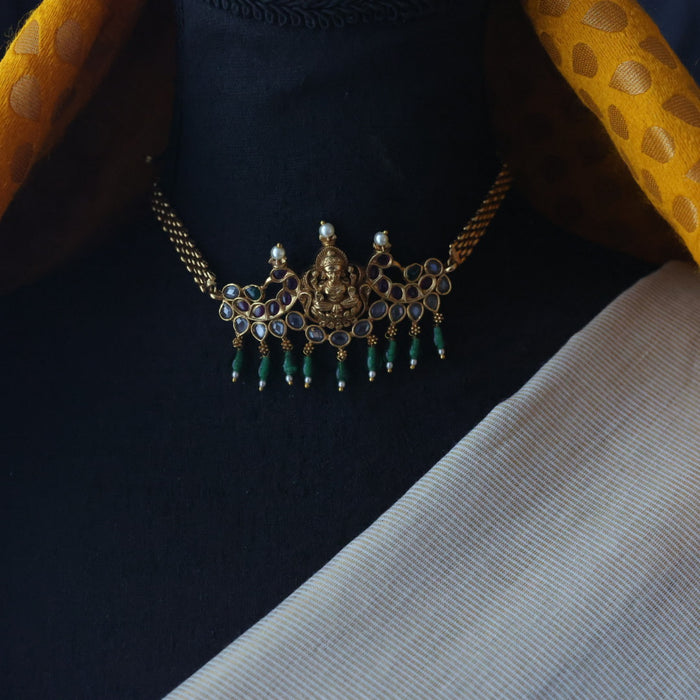 Antique green bead choker necklace with earrings CCB1890
