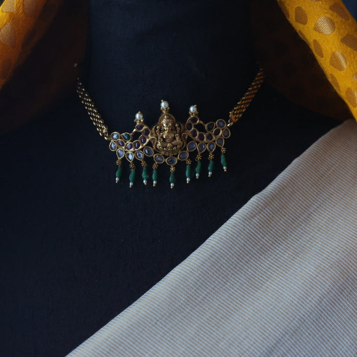 Antique green bead choker necklace with earrings CCB1890