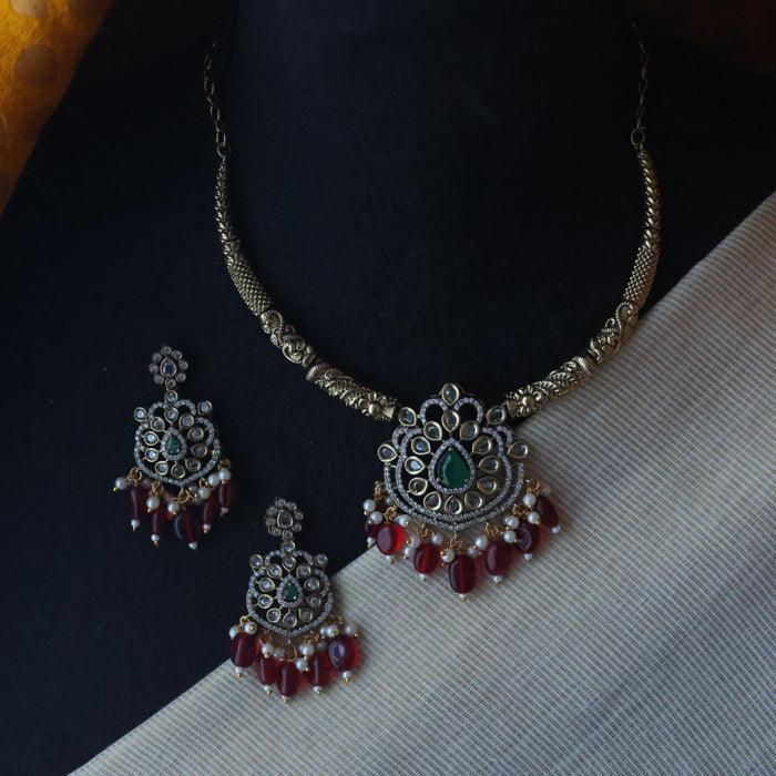 Clearance Antique ruby bead temple necklace and earring S1B1219