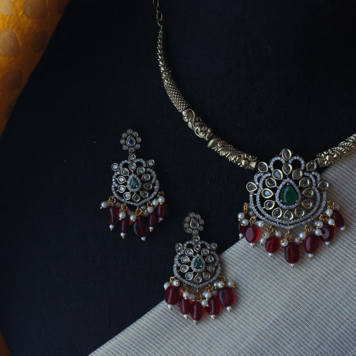 Clearance Antique ruby bead temple necklace and earring S1B1219