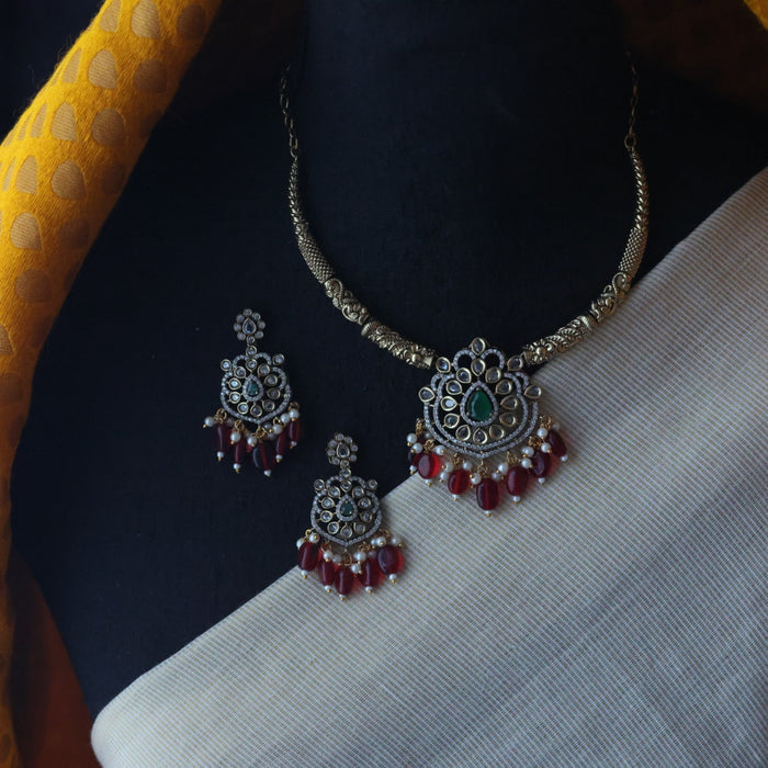 Clearance Antique ruby bead temple necklace and earring S1B1219