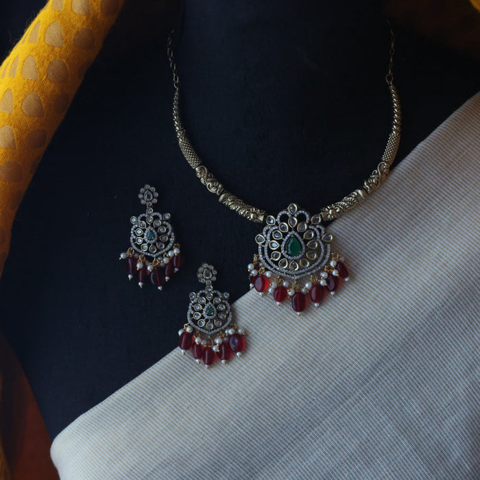 Clearance Antique ruby bead temple necklace and earring S1B1219