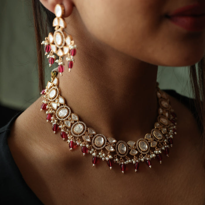Minimal kundan ruby bead short necklace with earrings MS3251