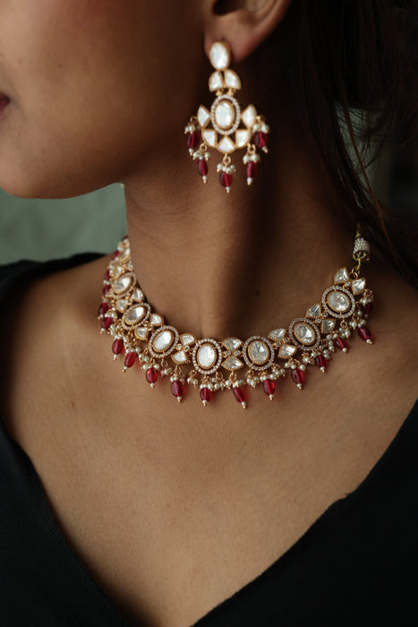 Minimal kundan ruby bead short necklace with earrings MS3251