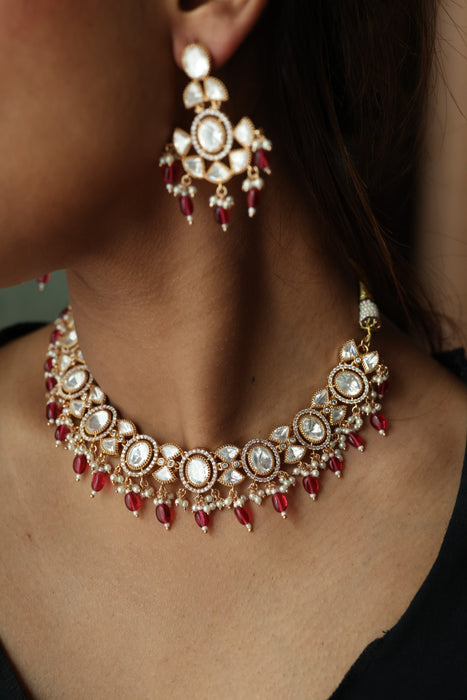 Minimal kundan ruby bead short necklace with earrings MS3251