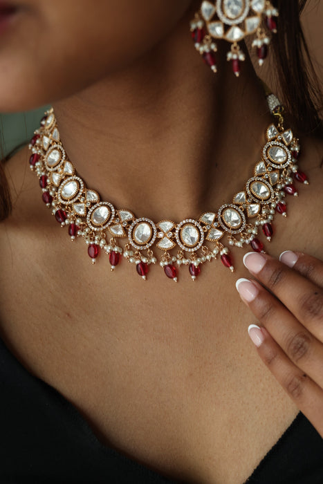 Minimal kundan ruby bead short necklace with earrings MS3251
