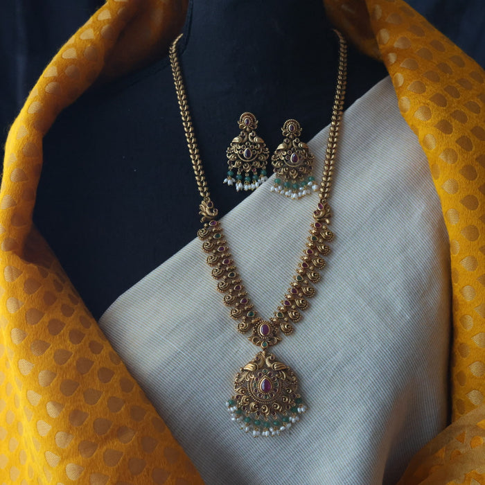 Antique green bead ruby long necklace with earrings AG819