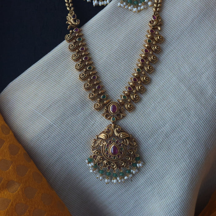 Antique green bead ruby long necklace with earrings AG819