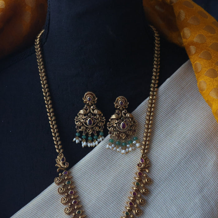 Antique green bead ruby long necklace with earrings AG819