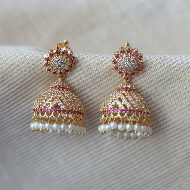 Heritage gold plated ruby white stone jumka earrings  HJ4711