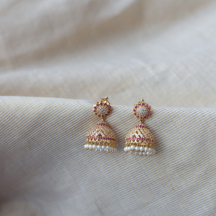 Heritage gold plated ruby white stone jumka earrings  HJ4711