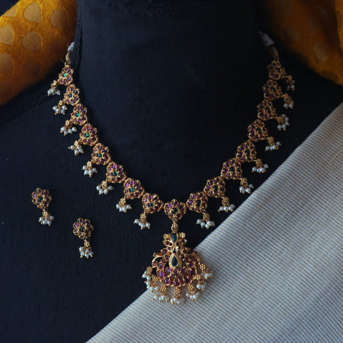 Antique ruby stone simple short necklace with earrings RUB2988