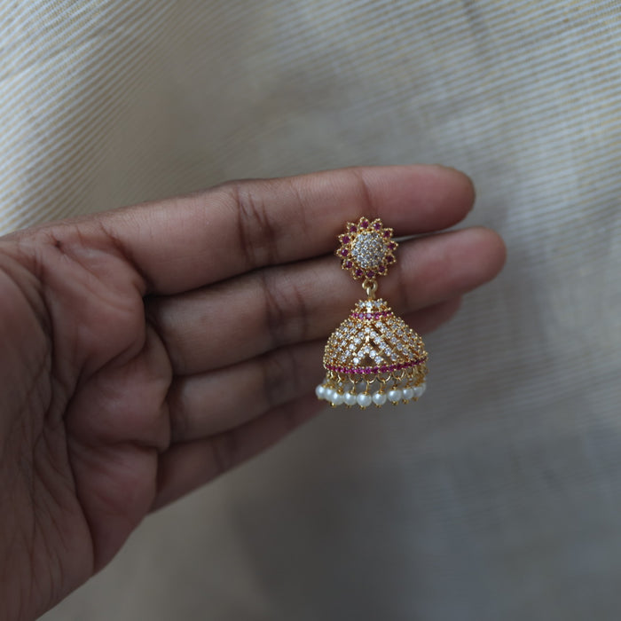 Heritage gold plated ruby white stone jumka earrings  HJ4711