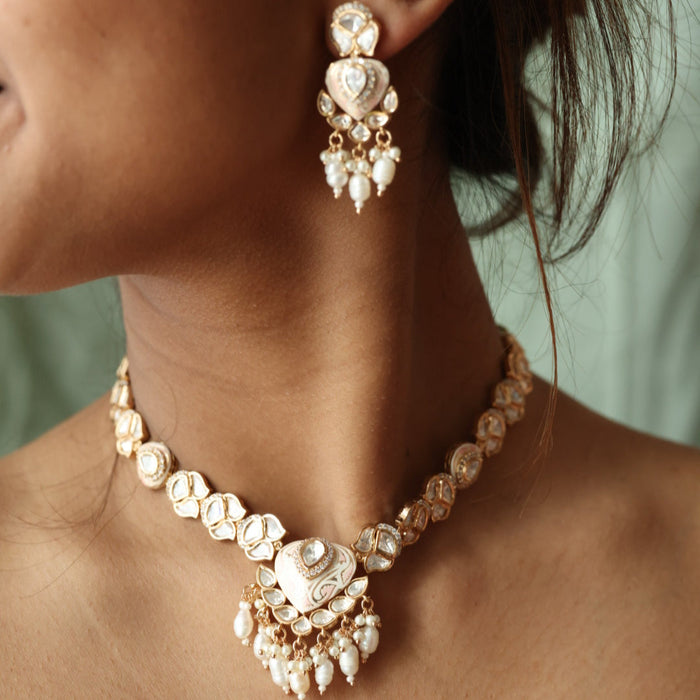 Minimal kundan pink stone short necklace with earrings MS3249
