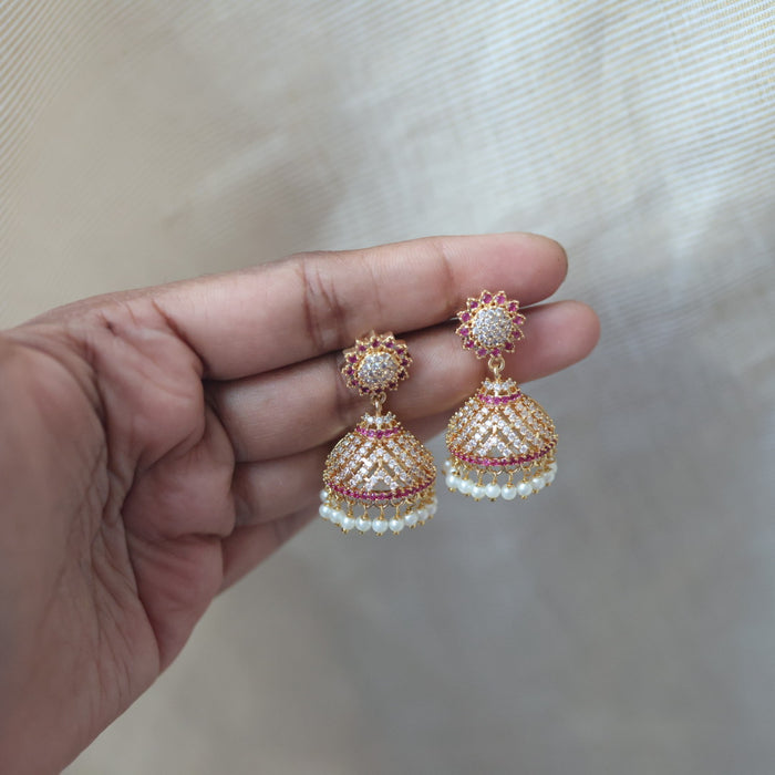 Heritage gold plated ruby white stone jumka earrings  HJ4711
