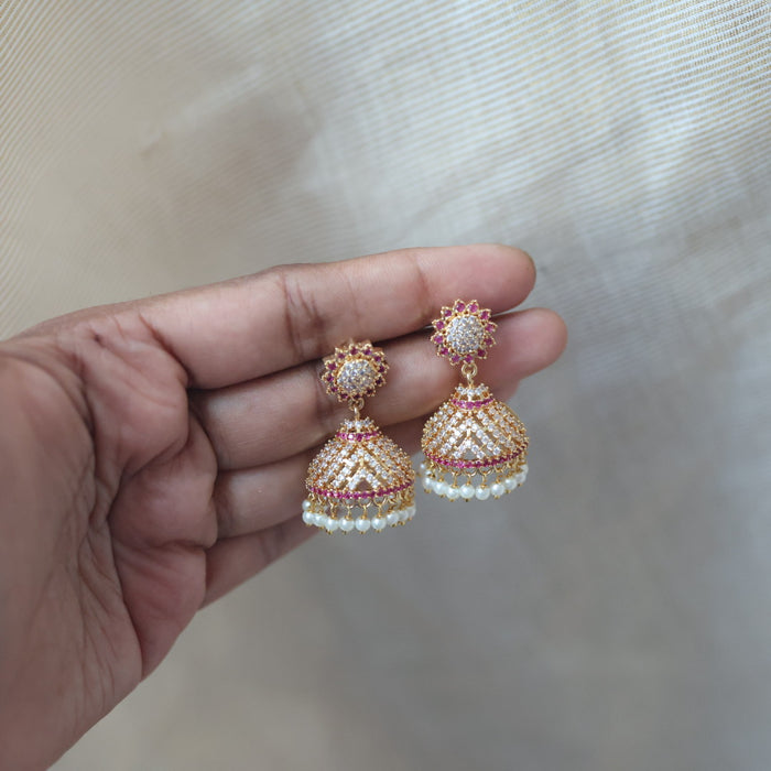 Heritage gold plated ruby white stone jumka earrings  HJ4711