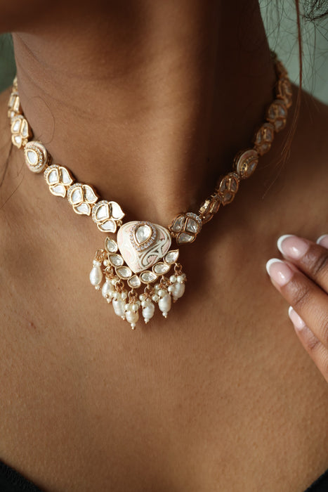 Minimal kundan pink stone short necklace with earrings MS3249