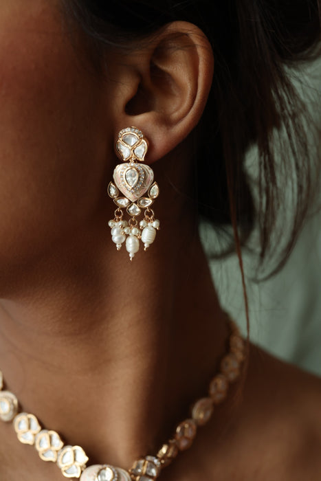 Minimal kundan pink stone short necklace with earrings MS3249