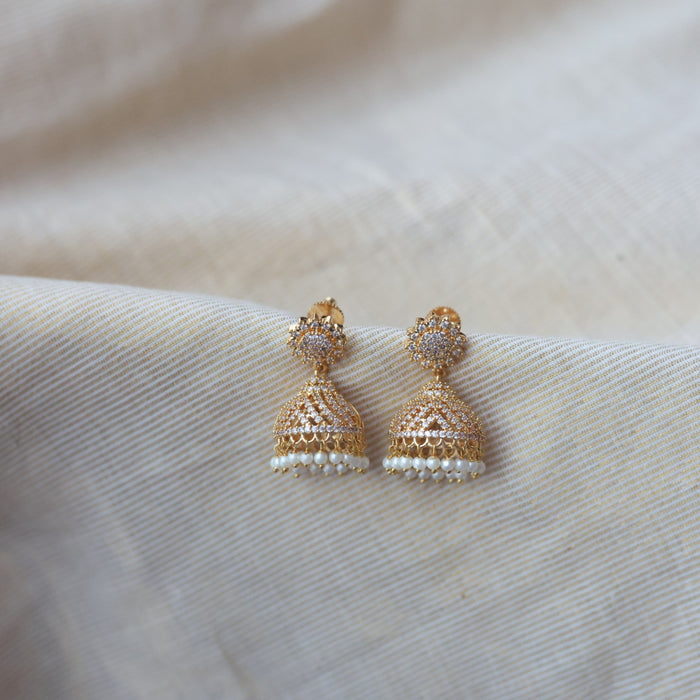 Heritage gold plated white stone jumka earrings  HJ4788