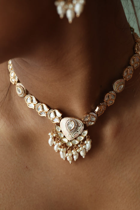 Minimal kundan pink stone short necklace with earrings MS3249