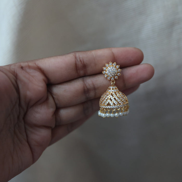 Heritage gold plated white stone jumka earrings  HJ4788