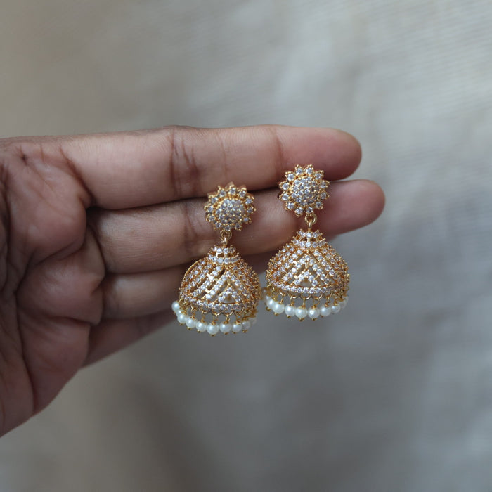 Heritage gold plated white stone jumka earrings  HJ4788