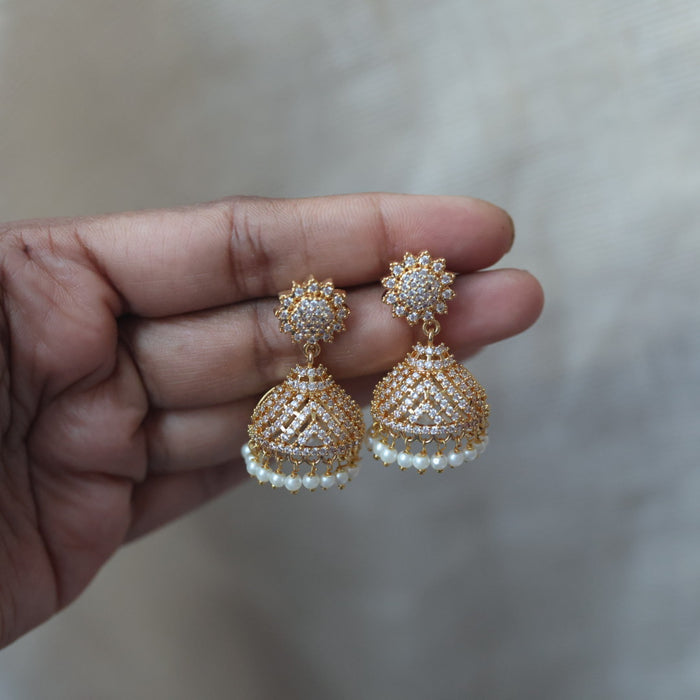 Heritage gold plated white stone jumka earrings  HJ4788