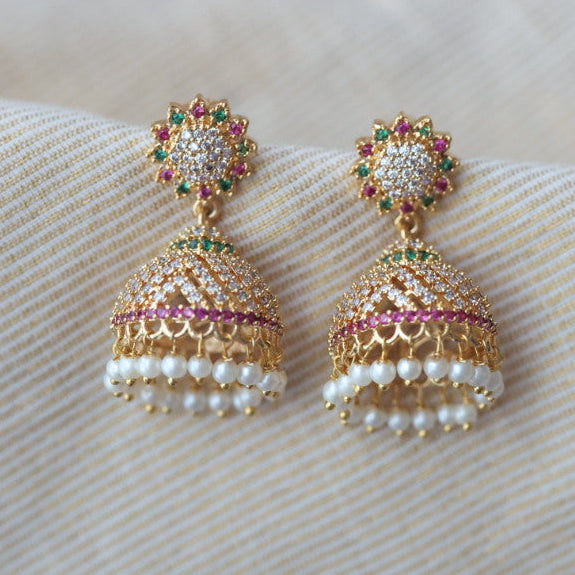 Heritage gold plated multi stone stone jumka earrings  HJ366
