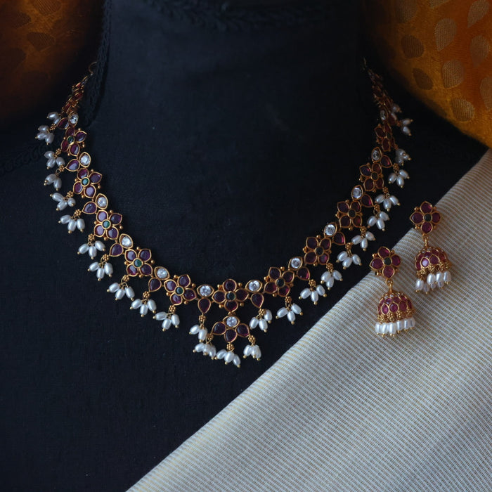 Antique ruby stone short necklace with earrings RUB75