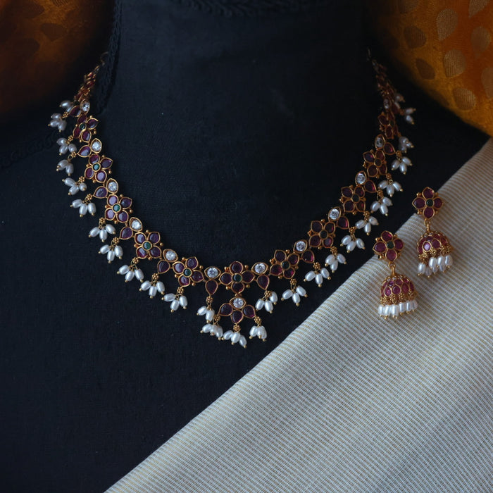 Antique ruby stone short necklace with earrings RUB75