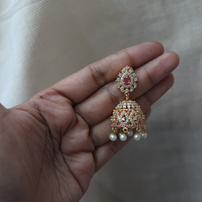 Heritage gold plated ruby white stone jumka earrings  HJ67898