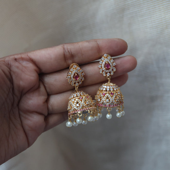 Heritage gold plated ruby white stone jumka earrings  HJ67898