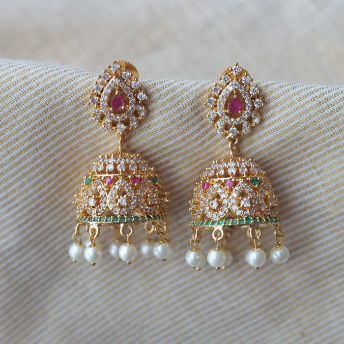 Heritage gold plated multi stone jumka earrings  HJ5688