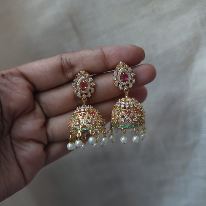 Heritage gold plated multi stone jumka earrings  HJ5688