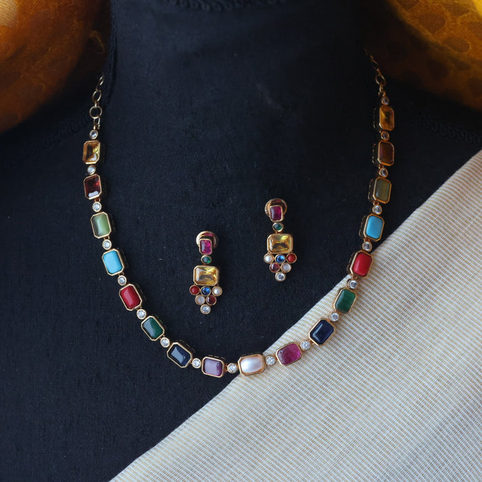 Antique navarathna stone simple short necklace with earrings TTS4644