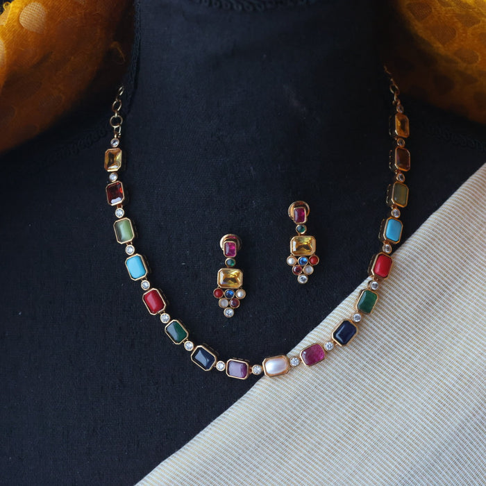 Antique navarathna stone simple short necklace with earrings TTS4644