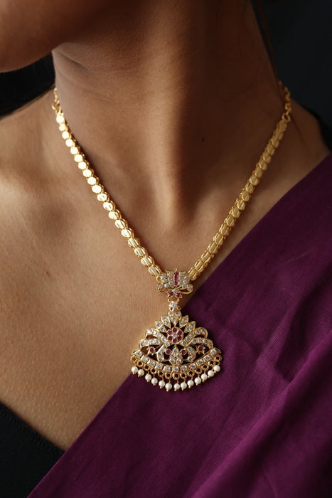 Heritage gold plated ruby white pearl necklace set with earrings H8657