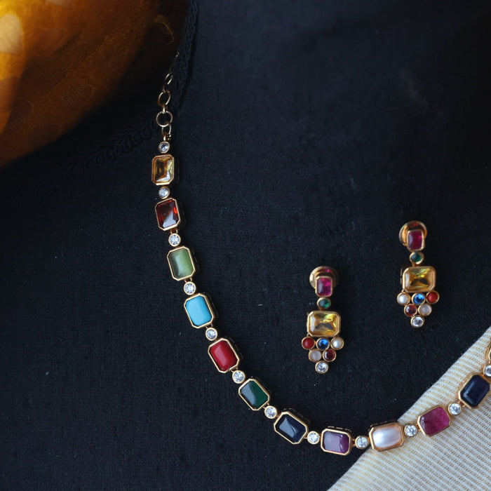 Antique navarathna stone simple short necklace with earrings TTS4644
