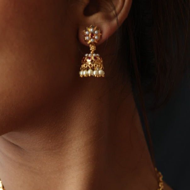 Heritage gold plated ruby white pearl necklace set with earrings H8657