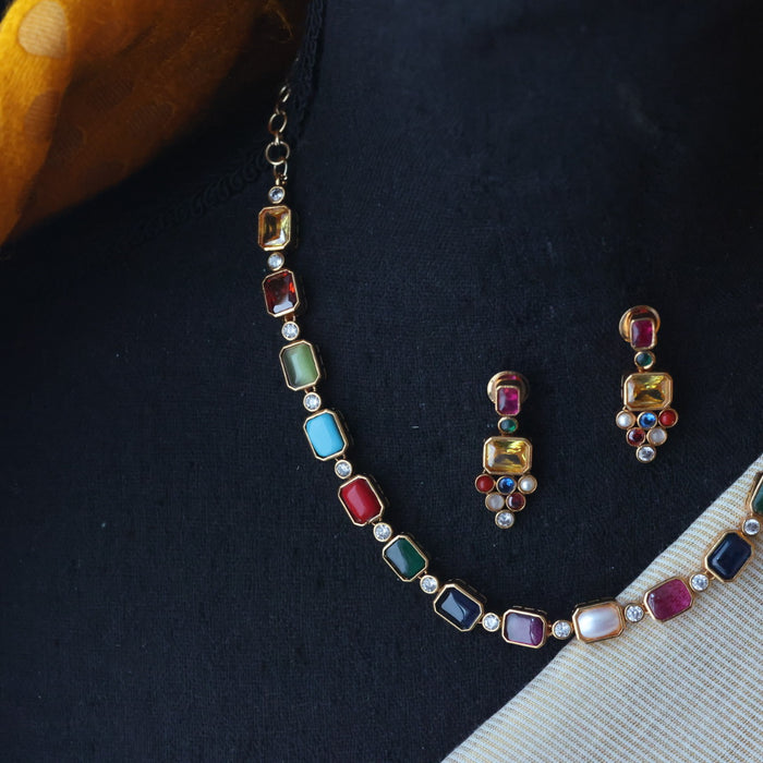 Antique navarathna stone simple short necklace with earrings TTS4644