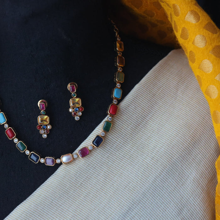 Antique navarathna stone simple short necklace with earrings TTS4644