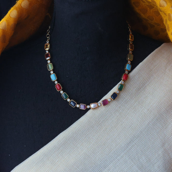 Antique navarathna stone simple short necklace with earrings TTS4644