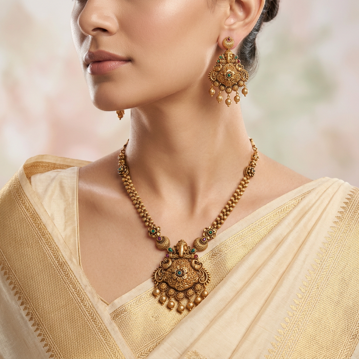 Antique temple design short necklace with earrings TTS4743
