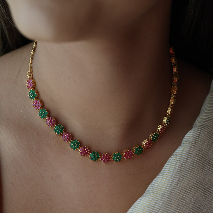 Heritage gold plated ruby green stone short necklace H6282