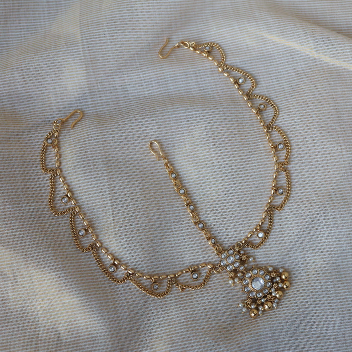 Antique gold white stone 3 layer maang tikka  TA1252